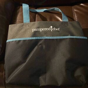PAMPERED CHEF BLACK, GRAY & TEAL JUMBO SPRING HEAVY DUTY NYLON TOTE BAG Division